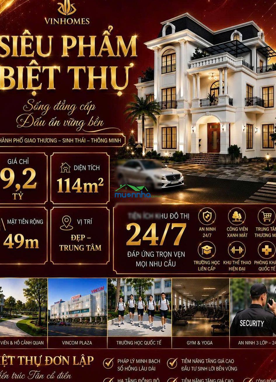 Biệt thự vinhomes hóc môn. giá 9,2 tỷ. nằm trên trục đường 32m