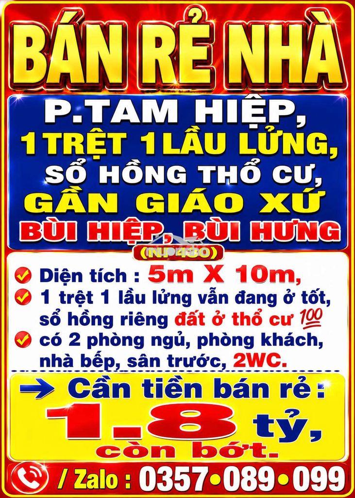 Bán rẻ nhà tam hiệp, 1trệt 1lửng, sổ hồng thổ cư, gần giáo xứ bùi hiệp