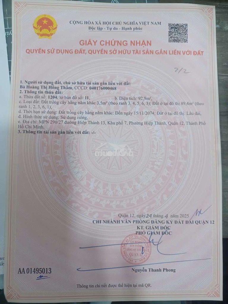Bán đất 93m2 thổ cư hiệp thành