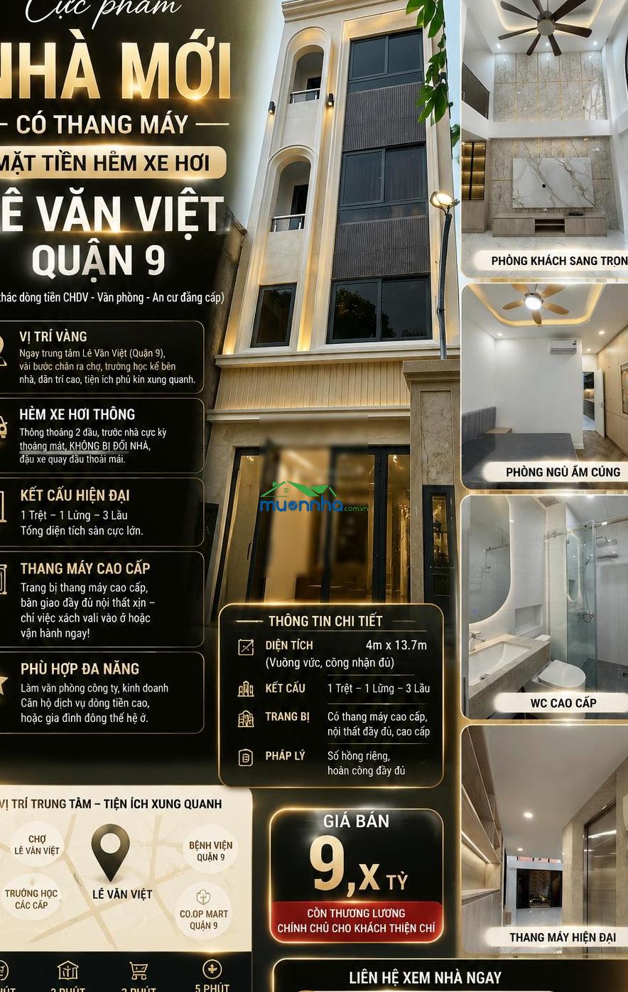 Bán nhà đẹp lê văn việt q9 - full nội thất, có thang máy, hẻm thông - giá 9.5tỷ tl tiện làm vp/chđv