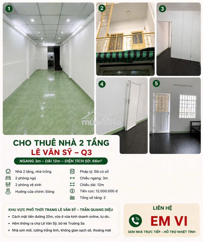 Thuê nc lê văn sỹ  4m cách đg chính 15m,q3 ,kd,vp,thời trang sầm uất
