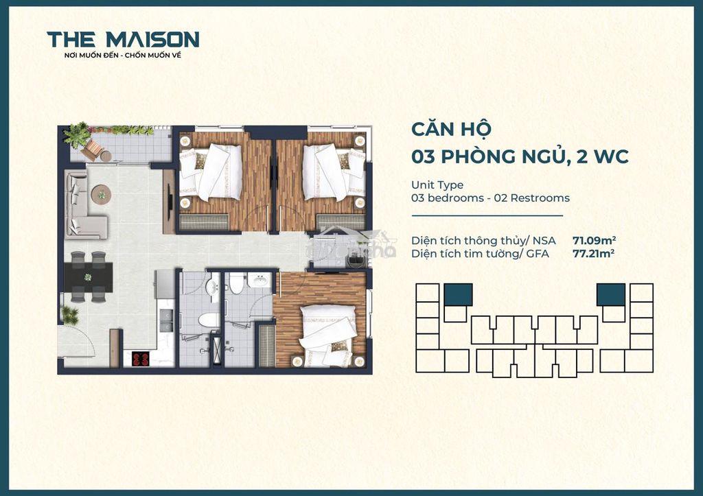 Bán 3pn the maison 102%, giá 2 tỷ 650 - 77m2, căn góc 3 view - 3