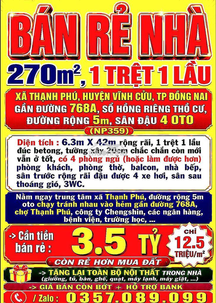 270m2, 1trệt 1lầu bán rẻ nhà gần chợ thạnh phú huyện vĩnh cửu đường 5m