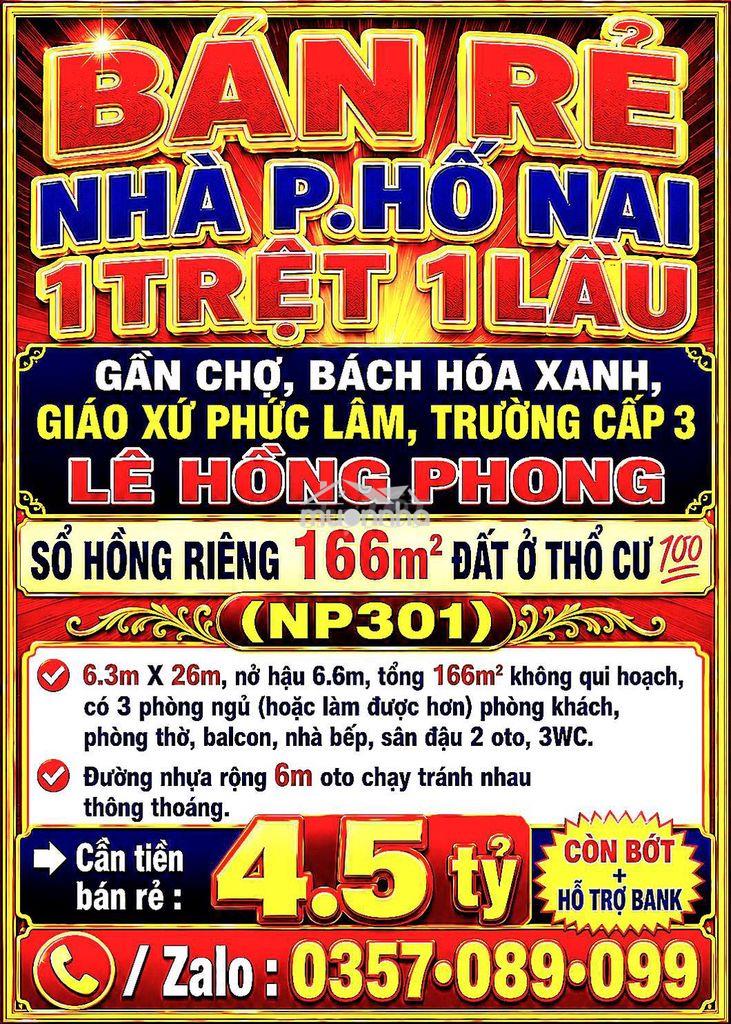 166m2 bán rẻ nhà hố nai, 1trệt 1lầu, gần giáo xứ phúc lâm sổ thổ cư 💯