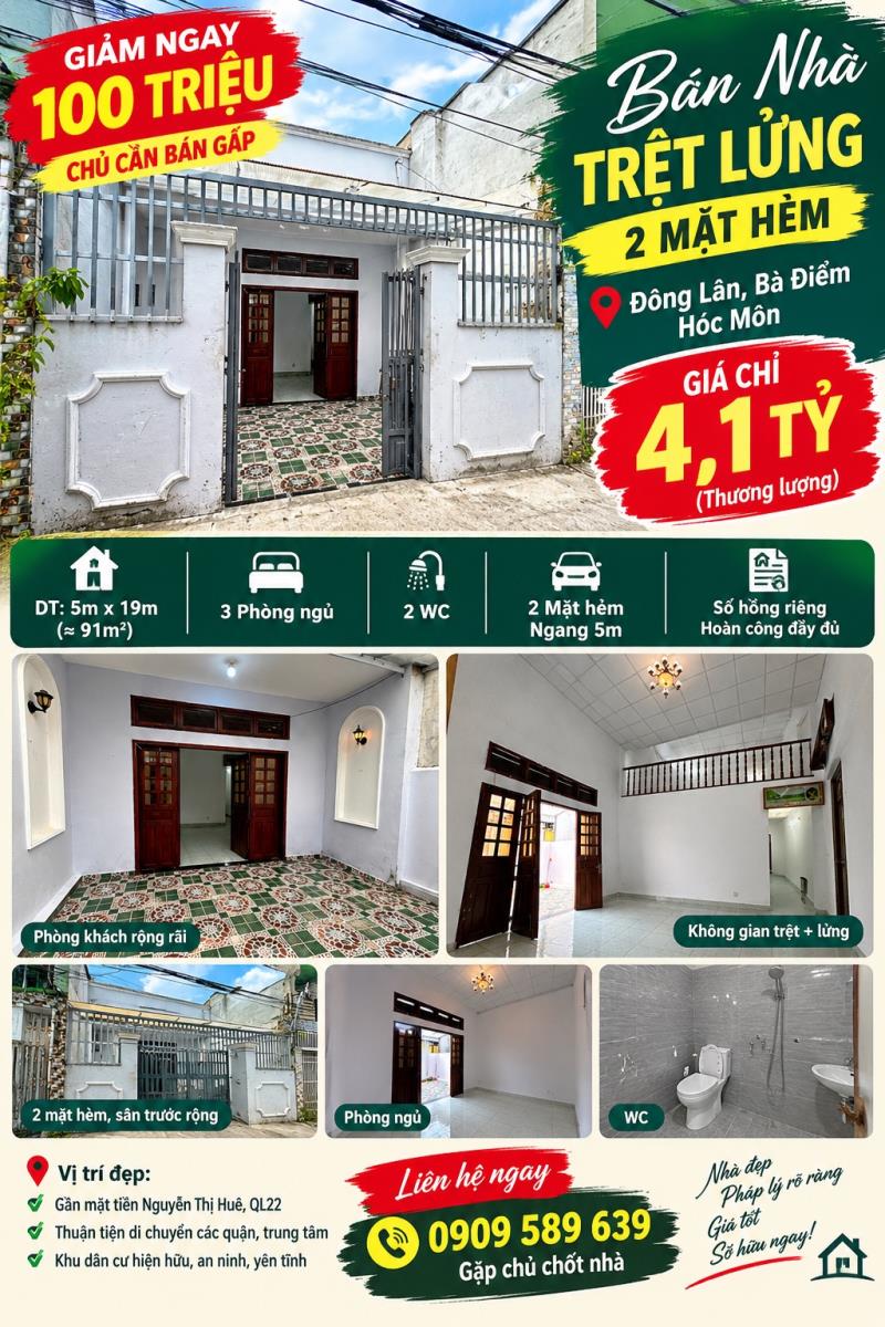91m² – ngang 5m – 2 mặt hẻm – 3pn – giá chỉ 4,xxtỷ