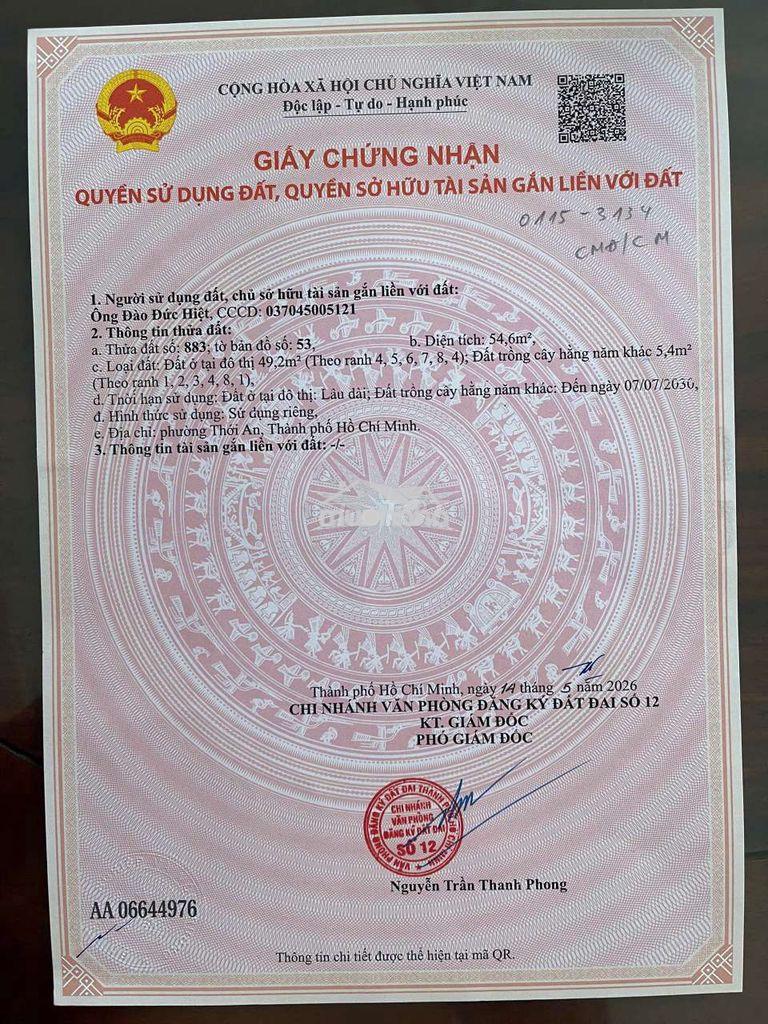 Đất thạnh xuân 48, dt:55m2, shr, đường oto, chỉ 2.6 tỷ