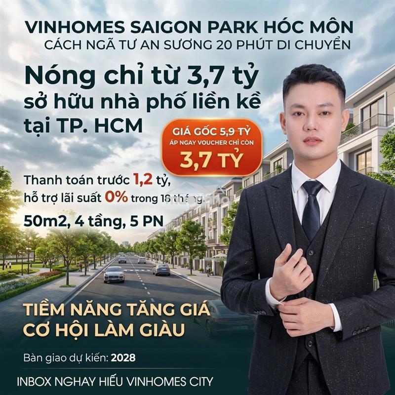 🔥 Chỉ 3,7 tỷ – nhà phố 4 tầng, 5pn tại vinhomes saigon park hóc môn